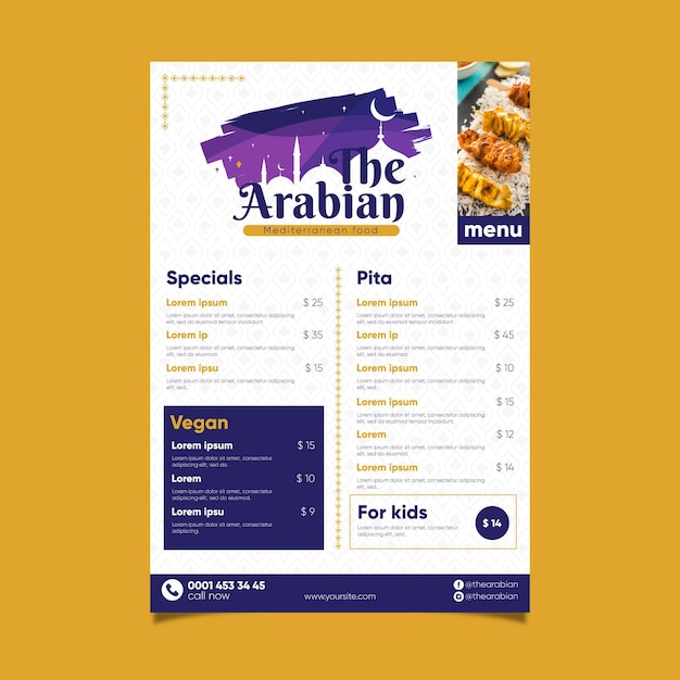 Free vector the arabian restaurant with delicious food menu