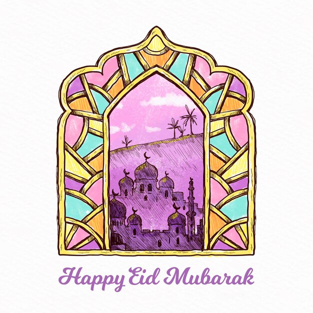 Arabian stained glass hand drawn eid mubarak