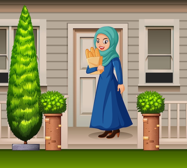 Free vector arabian woman in front of the house