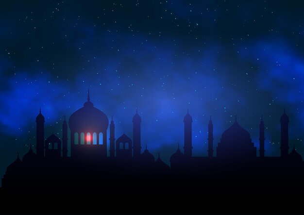 Арабский фон с силуэтом мечети против ночного неба