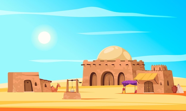 Arabic city cartoon poster with traditional desert town buildings vector illustration