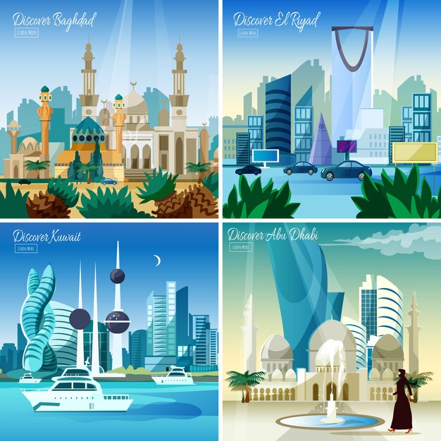 Arabic Cityscape 4 Flat Icons Square 