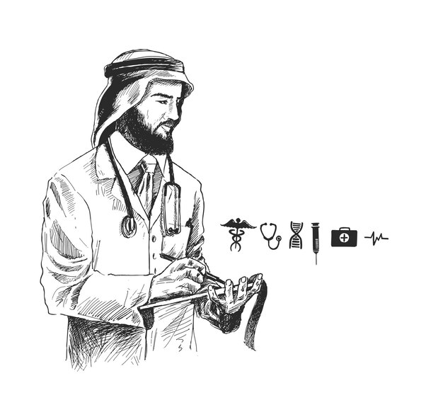 Arabic Doctor with Medical Icon Hand Drawn Sketch Vector Background
