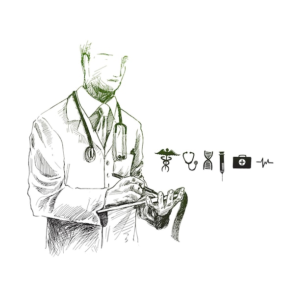 Arabic doctor with medical icon hand drawn sketch vector background