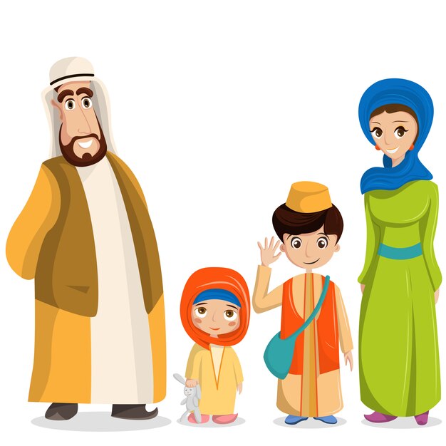 Arabic family in national clothes. Parents, children in muslim costumes, islamic clothing