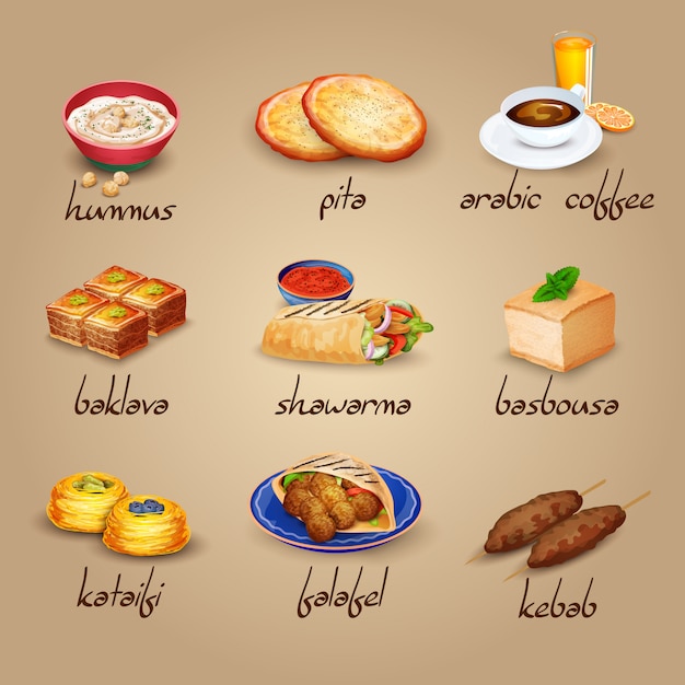 Free vector arabic food icons set