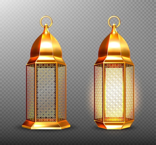 Vettore gratuito lampade arabe, lanterne arabe d'oro con ornamento
