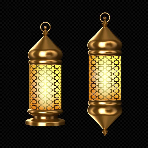 Lampade arabe, lanterne d'oro con ornamenti arabi, anello, candele accese. accessori per la festa islamica del ramadan. luci brillanti luminose d'annata di vettore 3d realistico isolate