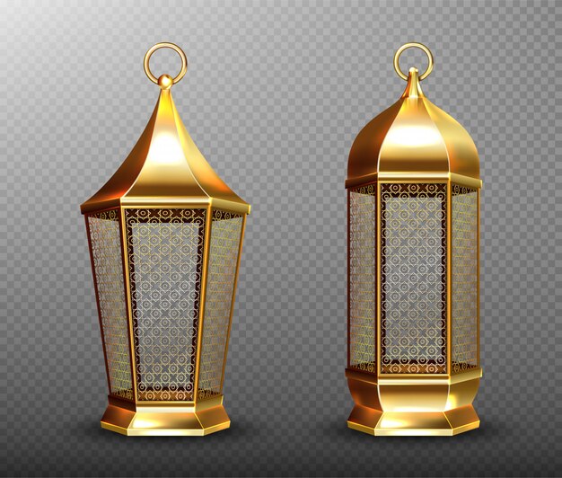 アラビア語のランプ、アラブの飾り、リング、キャンドルの金のランタン。