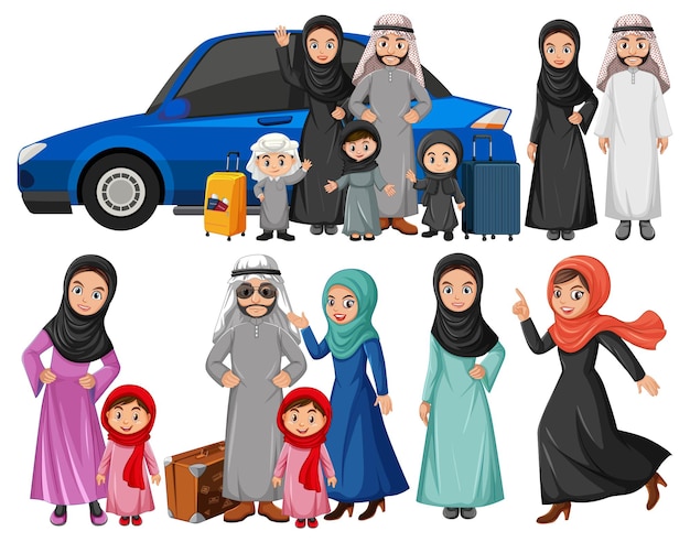 Free vector arabic people with bags and car