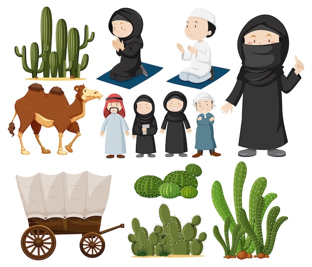 Free vector arabic people with cactus plants