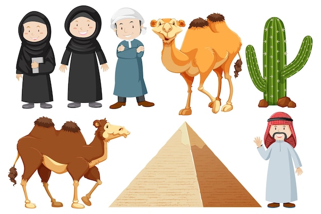 Free vector arabic people with cactus and pyramid