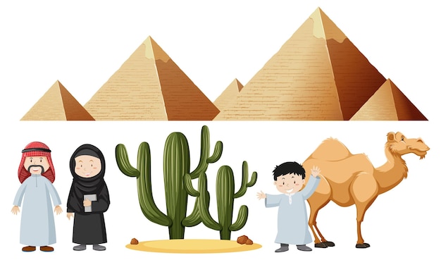Vettore gratuito gente araba con piramide e cammello
