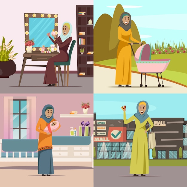 アラビア語の女性概念アイコンセット分離ショッピングシンボルフラット
