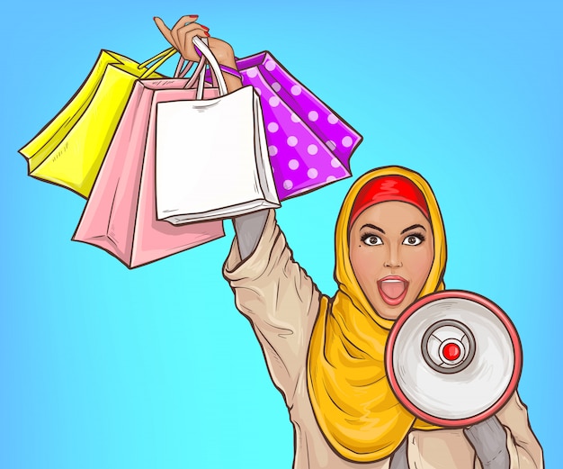 시끄러운 스피커와 쇼핑백 만화 일러스트와 함께 히잡 아랍어 여자