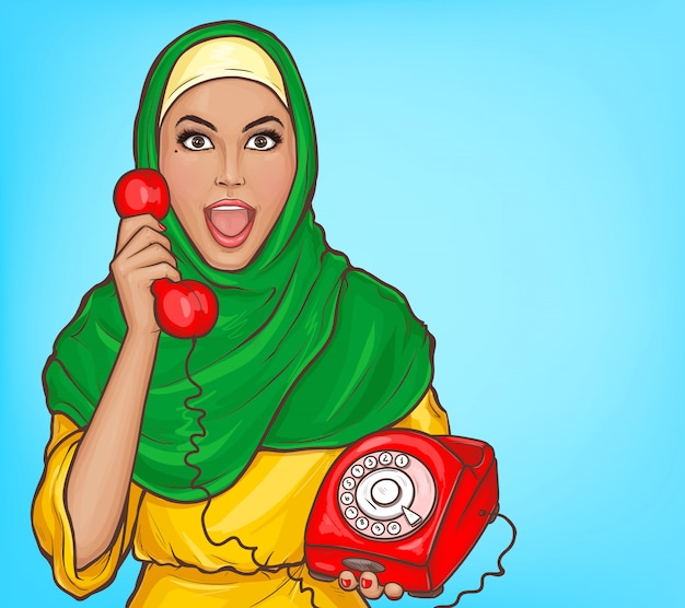 無料ベクター ビンテージダイヤル電話漫画イラストとヒジャーブのアラビア語の女性