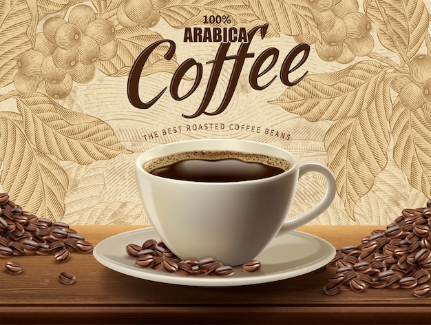 Arabica coffee ads, realistic black coffee and beans in  illustration with retro coffee plants and field scenery in etching shading style