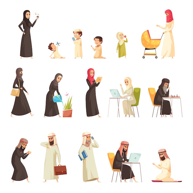 Vettore gratuito set di icone del fumetto della famiglia araba