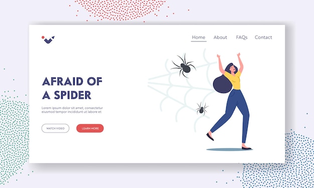 Arachnophobia psychological problem, panic landing page template. scared yelling woman run away from creepy spider being afraid of insect. female character fear. cartoon people vector illustration