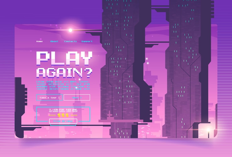 Free Vector arcade game banner with futuristic city background