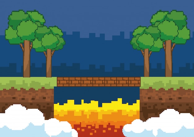 Бесплатное векторное изображение Аркадный игровой мир и пиксельная сцена