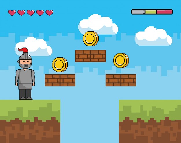 Vettore gratuito mondo di gioco arcade e scena di pixel