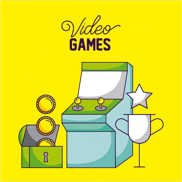 Vettore gratuito macchina arcade, monete e trofeo, videogiochi