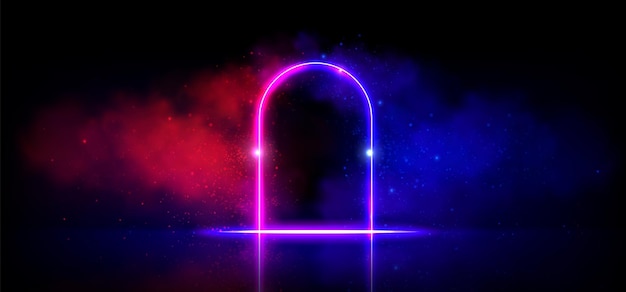 Free vector arch door frame with glowing neon effect and steam