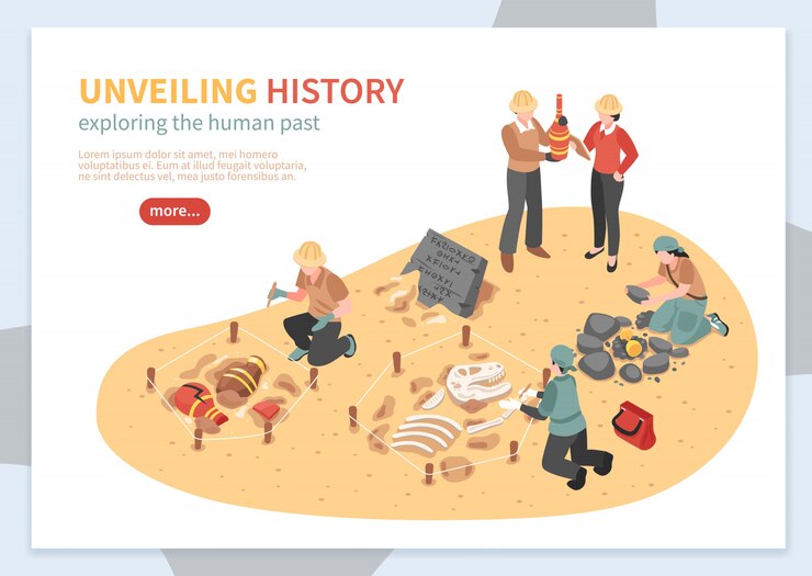 Free Vector archaeological exploration of historical artifacts isometric concept of web banner vector illustration