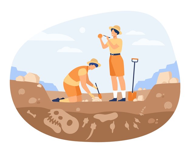 恐竜を発見した考古学者が残っています。採石場で地面を掘り、骨を掃除する男性。考古学、古生物学、科学、研究のためのベクトル図