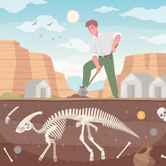 Composizione del fumetto di archeologia con vista di profilo del terreno con scheletro di dinosauro scavato e uomo con illustrazione di pala