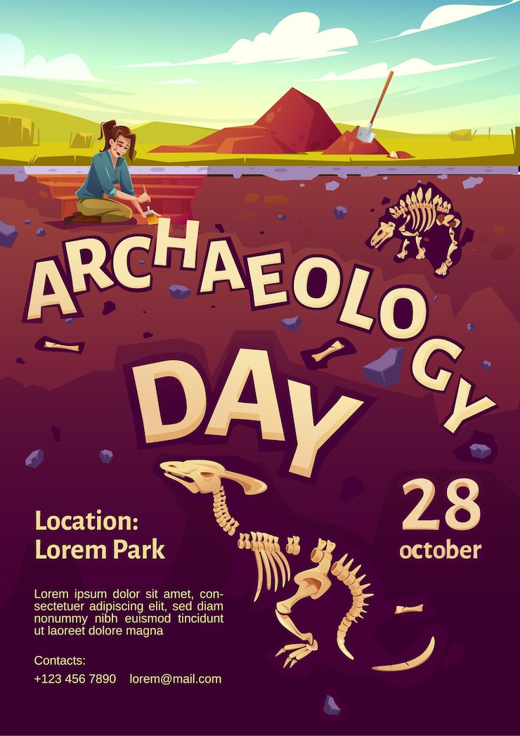 Free Vector archaeology day poster with woman explorer on excavation site and buried dinosaurs
