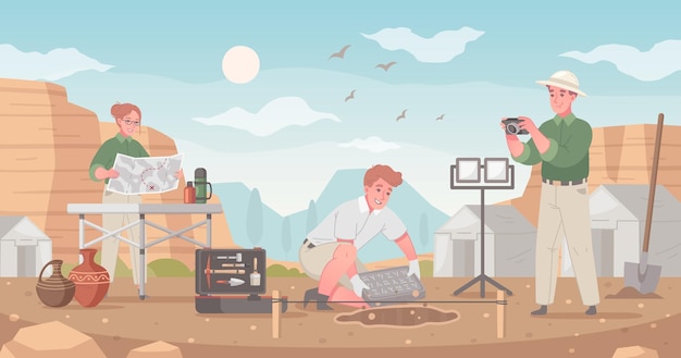 Archeological site cartoon composition