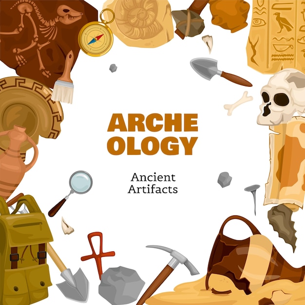Рамка древних артефактов археологии с композицией богато украшенного текста, окруженная иконками находок и векторной иллюстрацией инструментов