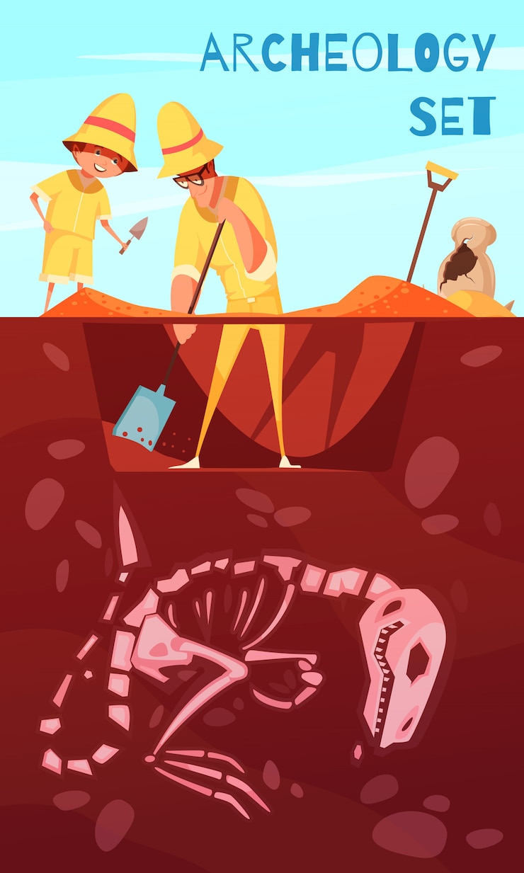Free Vector archeology excavation scientists with work tools during digs of dinosaur skeleton illustration