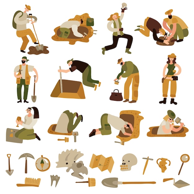 Free vector archeology icons set with bones and equipment symbols