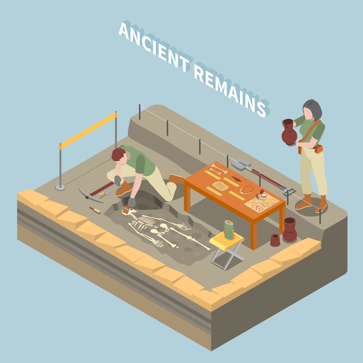 Free Vector archeology isometric concept with ancient remains and objects symbols