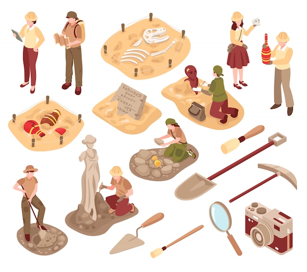 Free vector archeology isometric set scientists with professional equipment during research of ancient artifacts isolated vector illustration