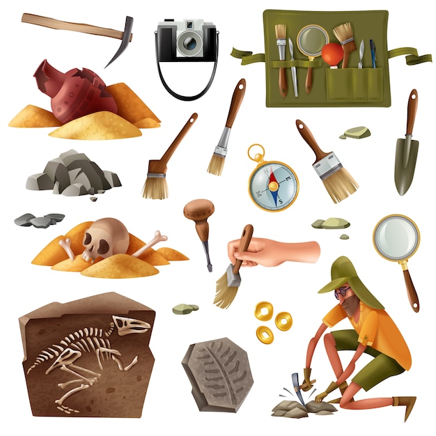 Archeology set of isolated elements images of digging equipment excavation artefacts with doodle style human character