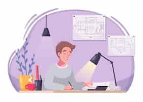 Free vector architect cartoon character works at desk illustration