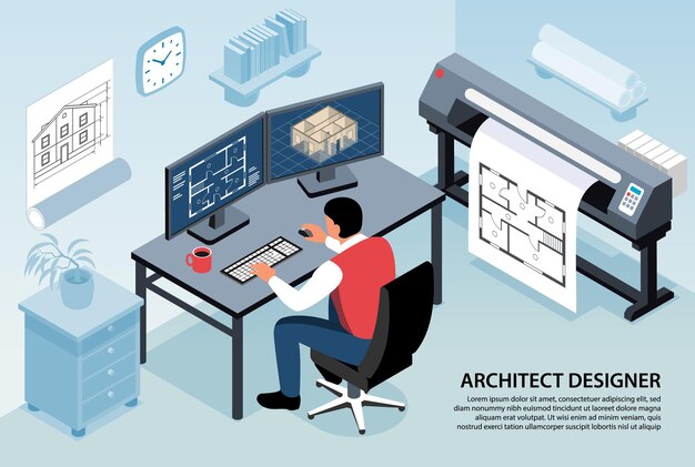 コンピューター プログラム等尺性で作業する彼の職場に座っている男と建築家デザイナーの水平構成