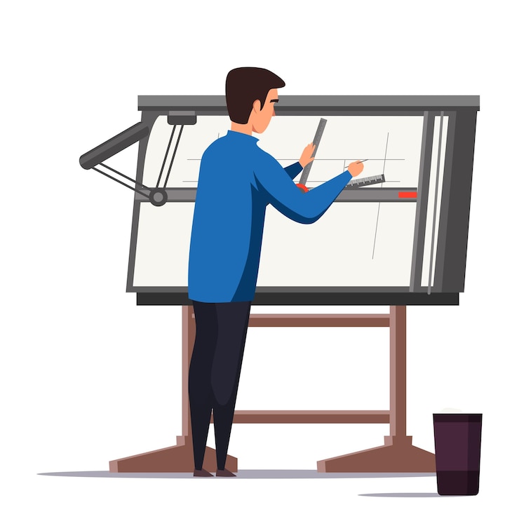 Free Vector architect designer working on project illustration engineer using professional equipment male flat character drawing building plan