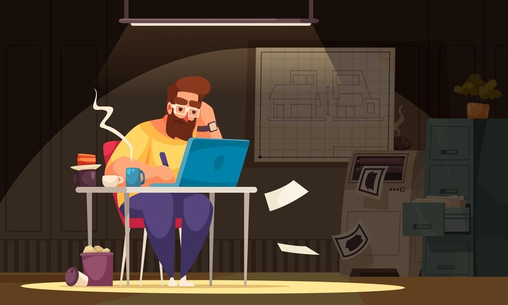 Free Vector architect designing project cartoon office composition with man at his workplace working overtime flat illustration