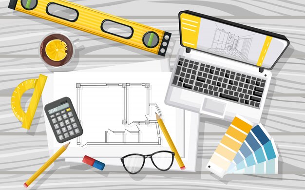 Architect desk with laptop, level tool, tea, glasses, calculator, blueprint