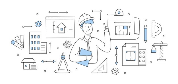 Architect worker holding blueprint engineering and architecture job occupation doodle concept Professional engineer wear helmet with work tools compass pencil crane Line art vector illustration