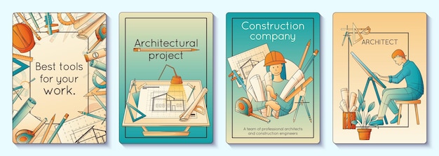 Бесплатное векторное изображение Архитекторы архитектурных проектов строительной компании вертикальные плакаты в плоском стиле изолированные векторные иллюстрации