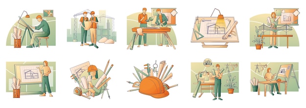 Free vector architects and construction engineers flat set with architectural projects tools and working professionals isolated vector illustration