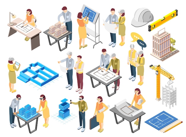 Free vector architects engineers isometric icons set with office planning sketching drawing work construction site supervision recolor vector illustration