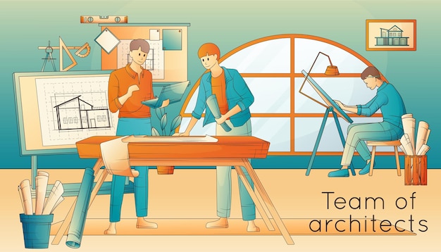 Бесплатное векторное изображение Архитекторы, работающие над архитектурными проектами в офисной плоской векторной иллюстрации