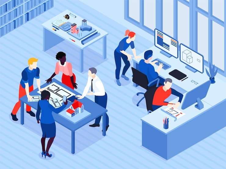 Free Vector architectural firm office interior isometric view with architects team discussing project creating 3d computer models illustration